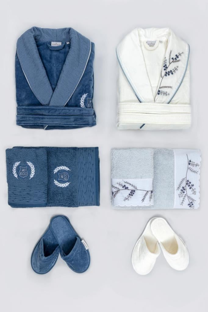 Ecocotton Derin Aile Bornoz Seti %100 Organik Pamuk Nakışlı Krem/Mavi - M/L