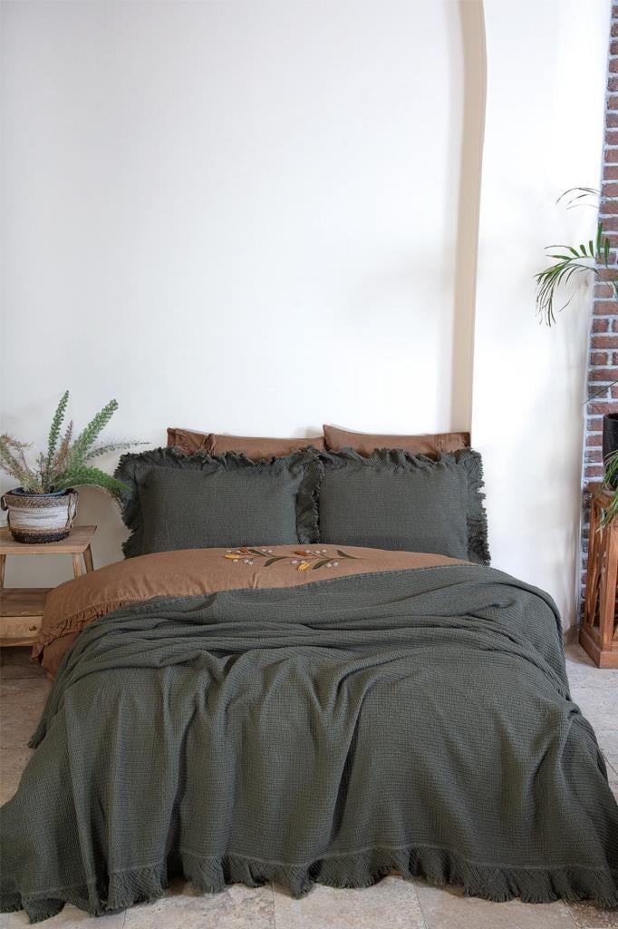 Ecocotton Dina Çift Kişilik Yatak Örtüsü %100 Organik Pamuk Pike Yeşil 240X260 Cm