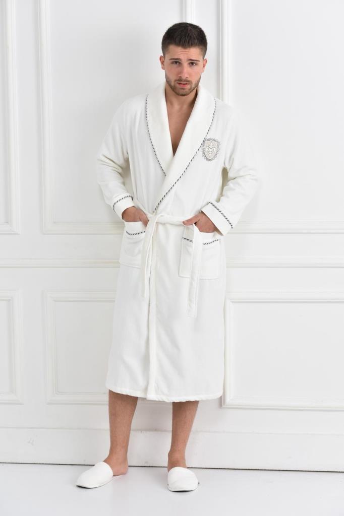 Ecocotton Ella Erkek Bornoz %100 Organik Pamuk Nakışlı Krem - L