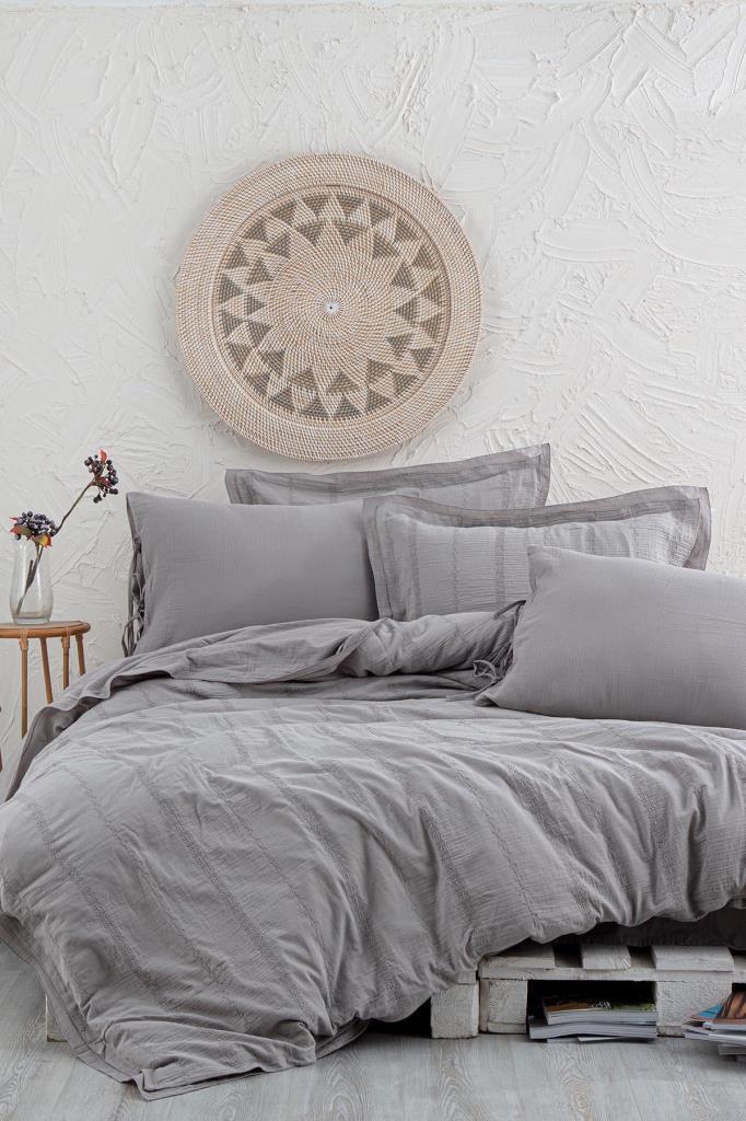Ecocotton Hafsa Çift Kişilik Nevresim Takımı %100 Organik Pamuk Müslin Brodeli Açık Gri 200x220 Cm