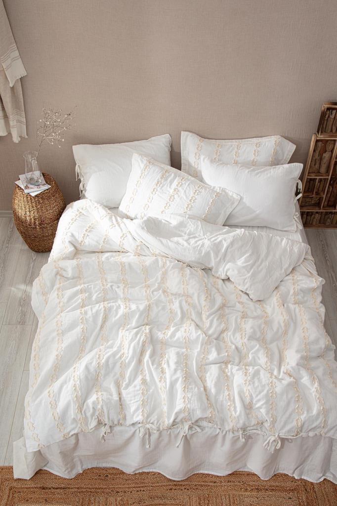 Ecocotton Sima Çift Kişilik Nevresim Takımı %100 Organik Pamuk Müslin Brodeli Krem 200x220 Cm