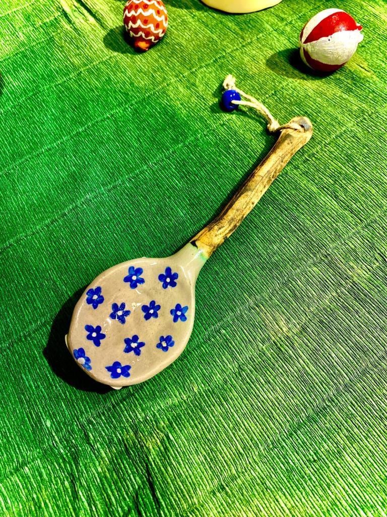 Eleia Serisi Seramik İkram ve Servis Kaşıkları - Mavi Çiçek (16 cm)