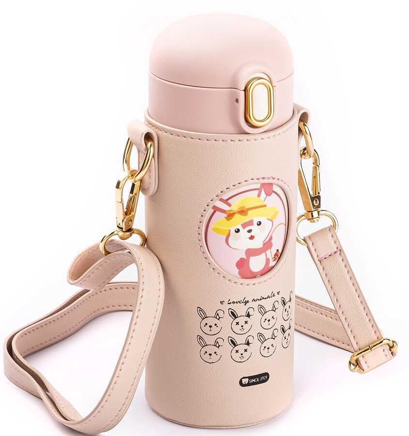 Tantitoni 040-01-OKADI PEMBE TAVŞAN DESENLİ ÇANTALI VE PİPETLİ PASLANMAZ ÇELİK ÇOCUK TERMOSU 350ML