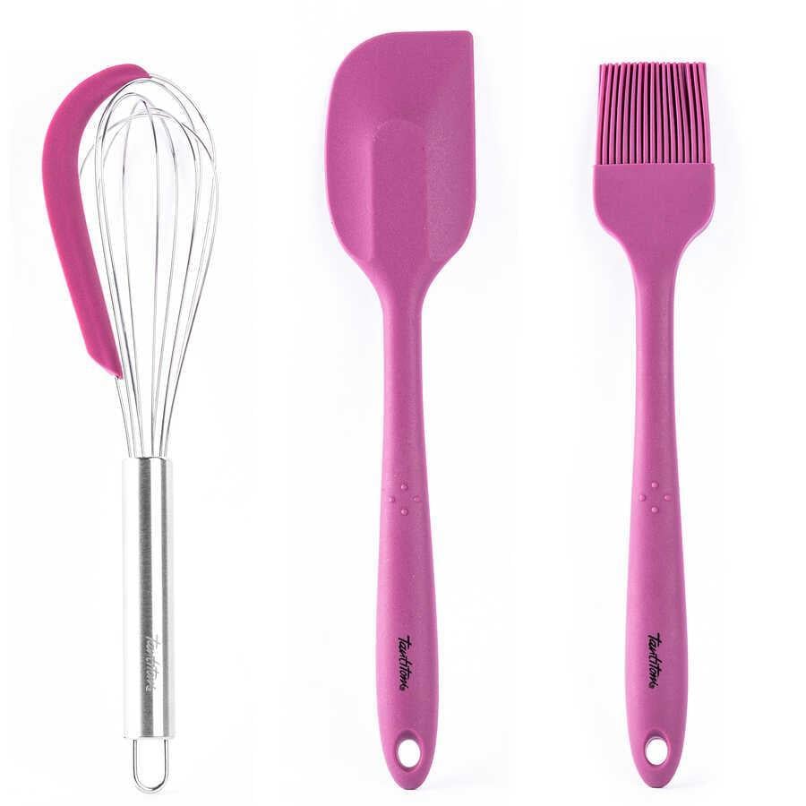 Tantitoni Vişne Renkli 3'lü Silikon Spatula, Fırça ve Çırpıcı Seti