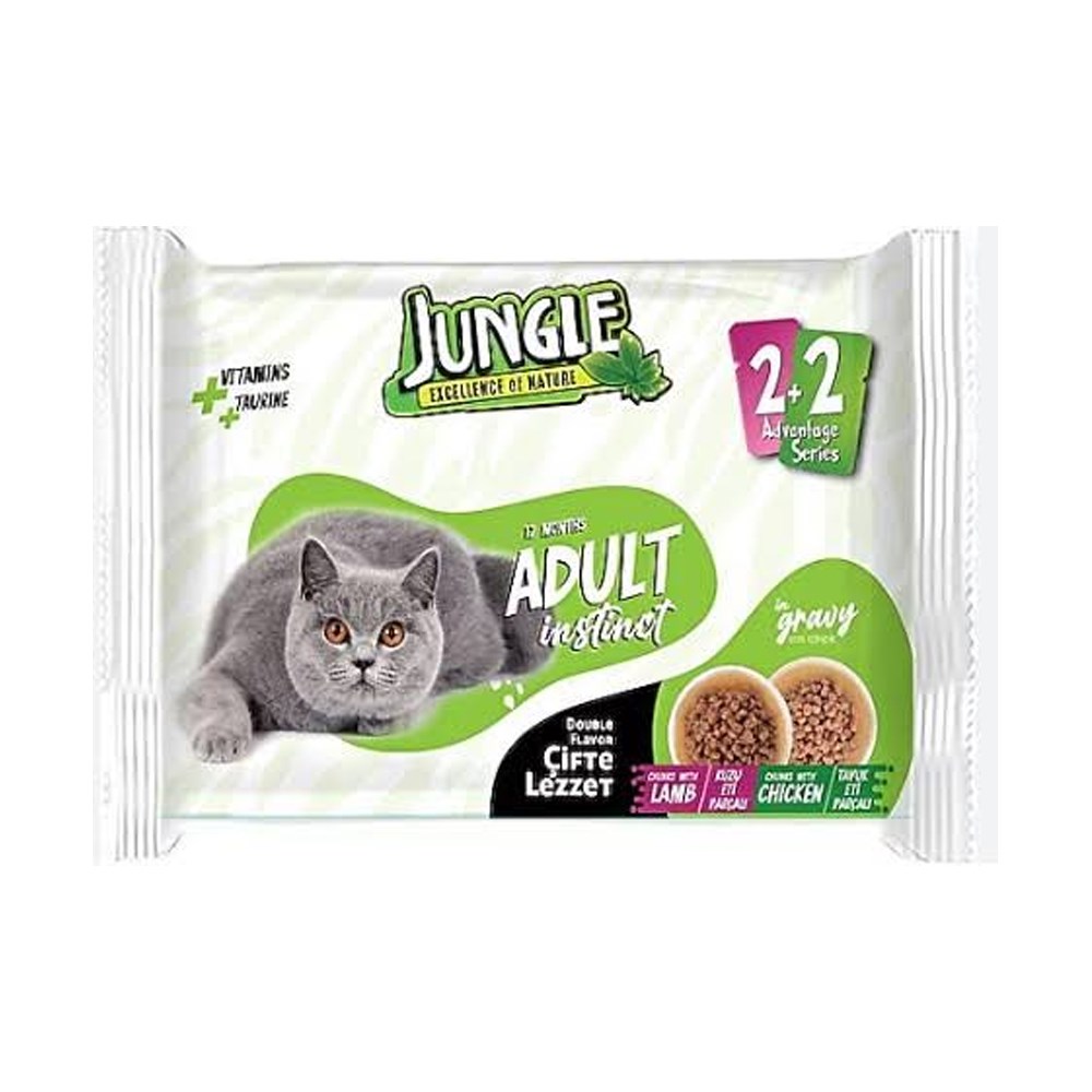 JUNGLE KEDI POUNCH YETISKIN KUZULU & TAVUKLU 4X100 GR