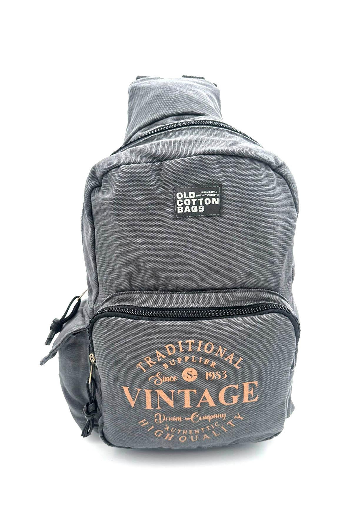 Gri Renk Baskı Detaylı ve Çok Bölmeli Fonksiyonel Vintage Sırt Çantası