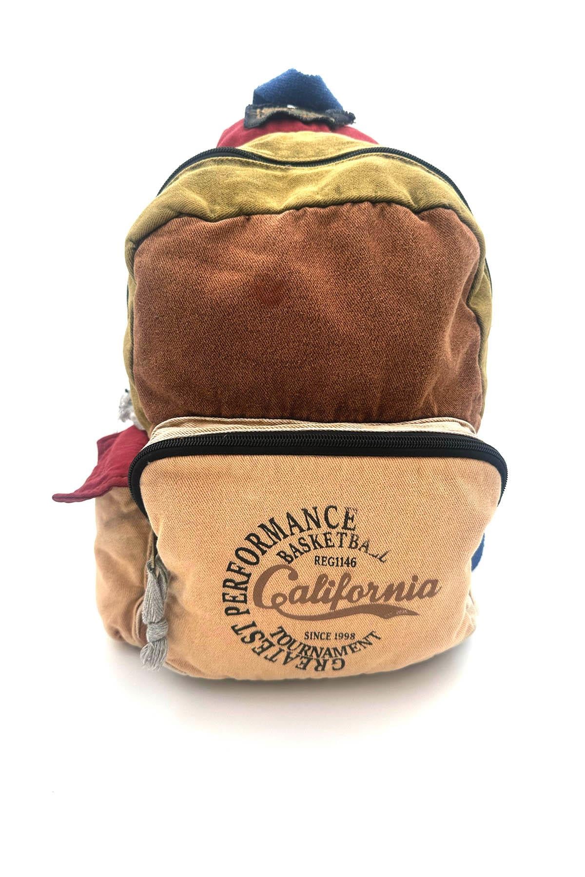 Patchwork Camel Renk ve Çok Bölmeli Fonksiyonel Vintage Sırt Çantası