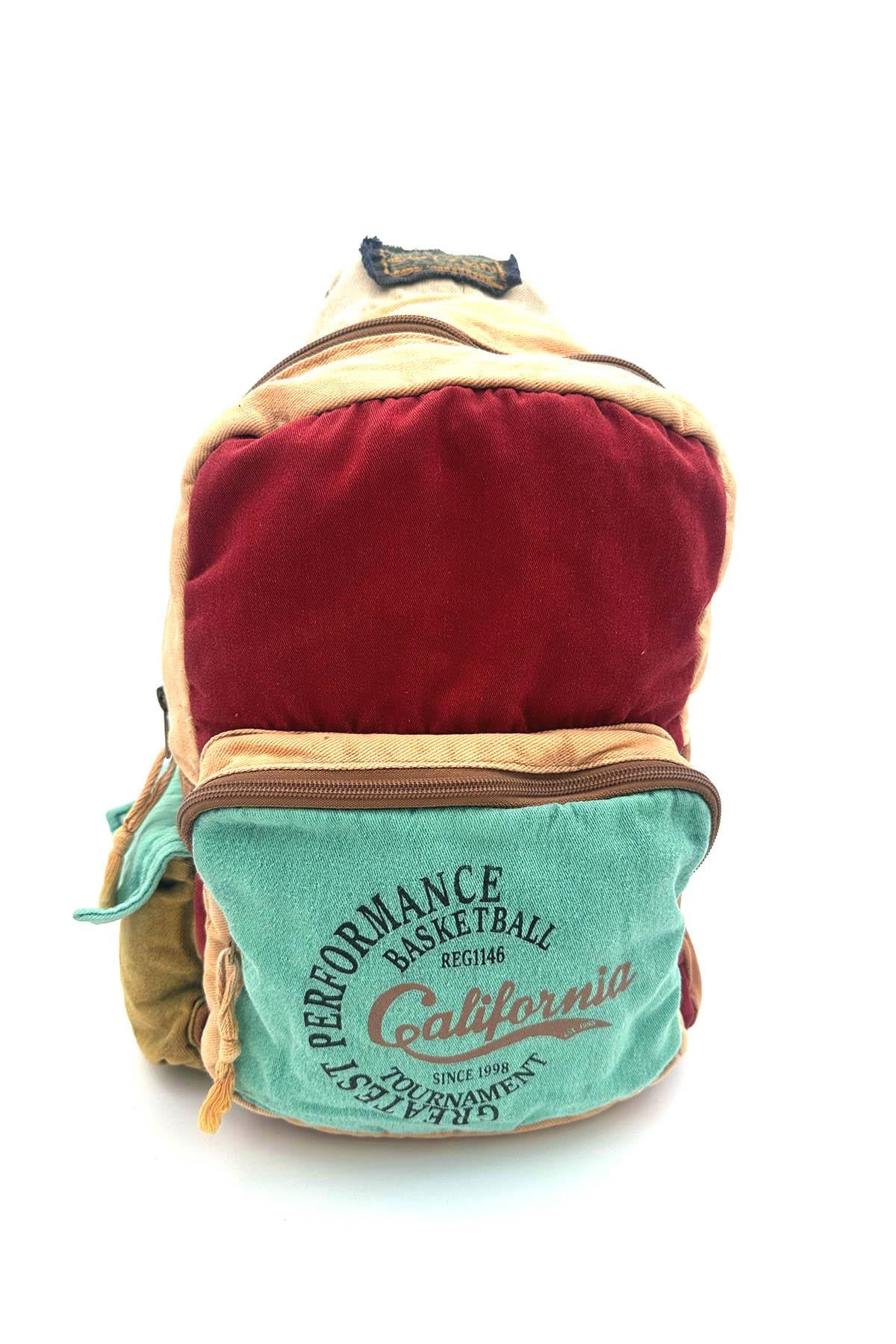 Patchwork Mavi Renk ve Çok Bölmeli Fonksiyonel Vintage Sırt Çantası