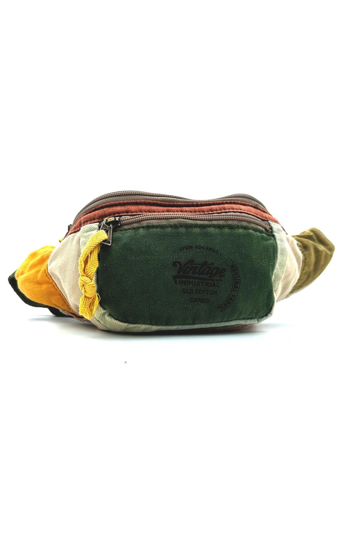 Ayarlanabilir Kemerli Baskı Detaylı Patchwork Fermuarlı Vintage Bel Çantası