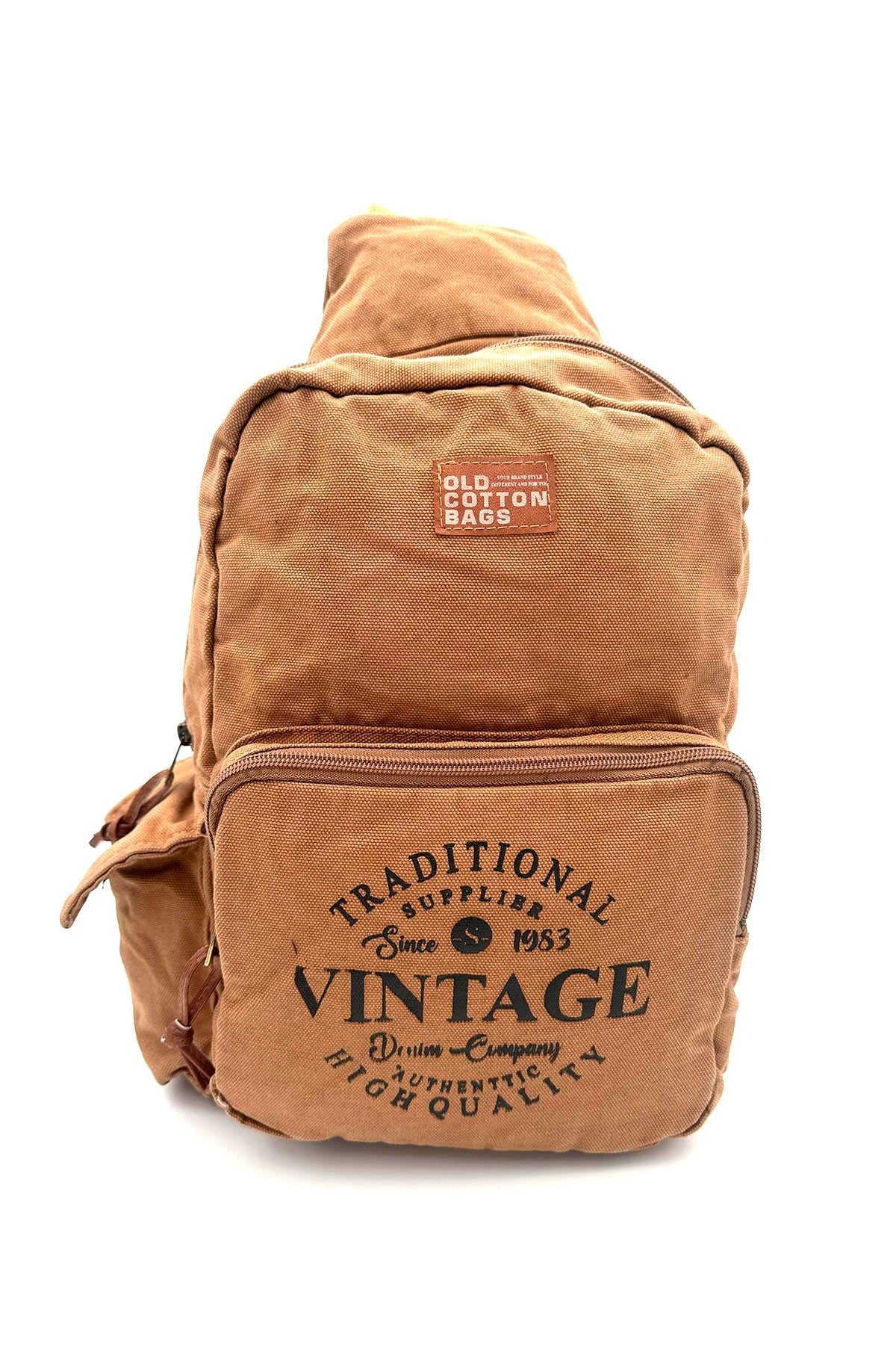 Camel Renk Baskı Detaylı ve Çok Bölmeli Fonksiyonel Vintage Sırt Çantası