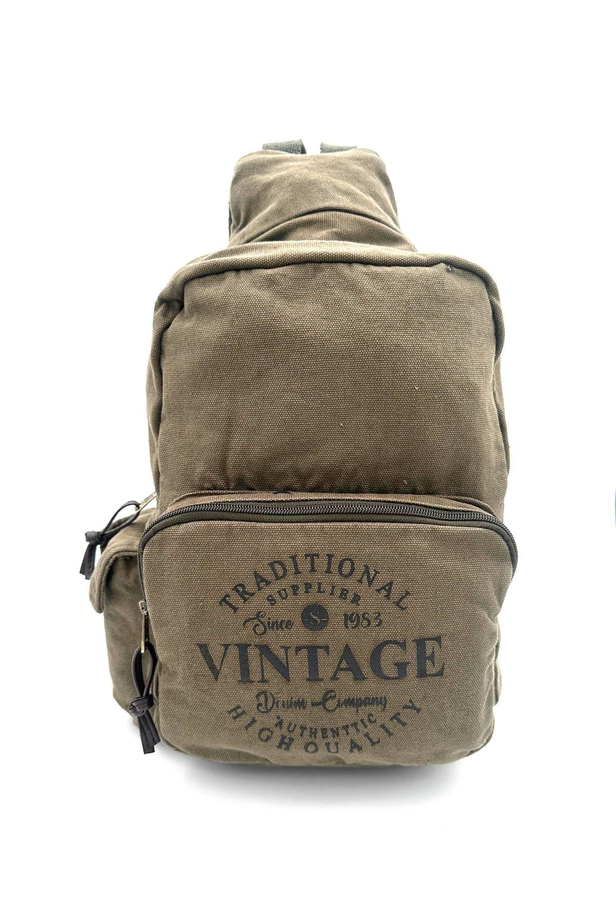 Haki Renk Baskı Detaylı ve Çok Bölmeli Fonksiyonel Vintage Sırt Çantası