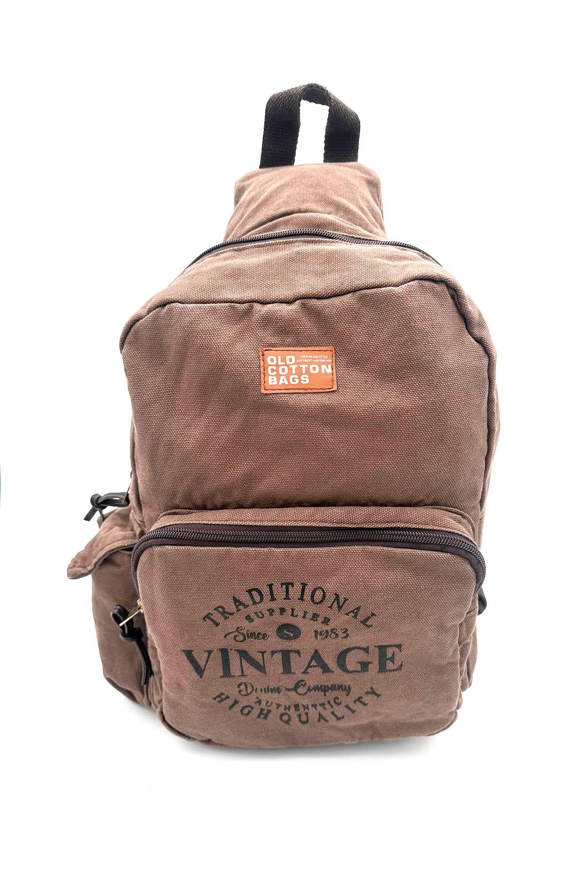 Kahve Renk Baskı Detaylı ve Çok Bölmeli Fonksiyonel Vintage Sırt Çantası