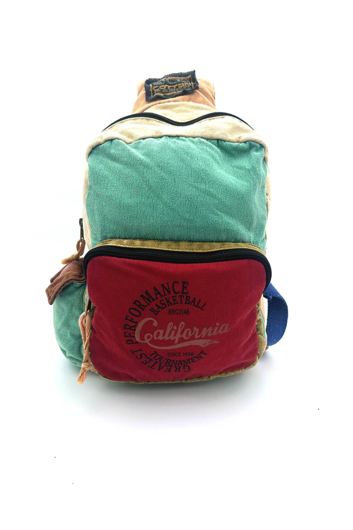 Patchwork Bordo Renk ve Çok Bölmeli Fonksiyonel Vintage Sırt Çantası