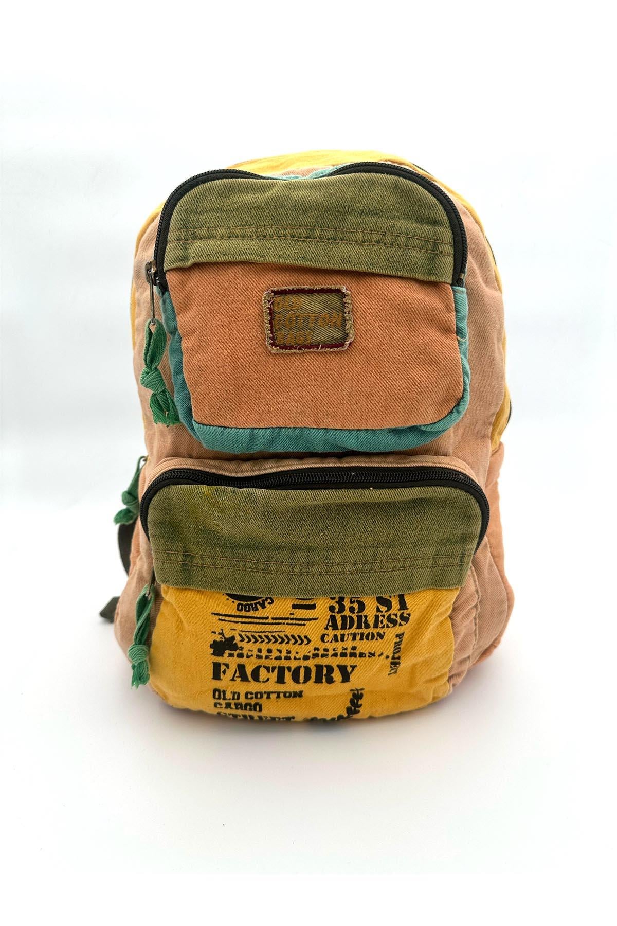 Sarı Renk Patchwork Çok Cepli Vintage Sırt Çantası
