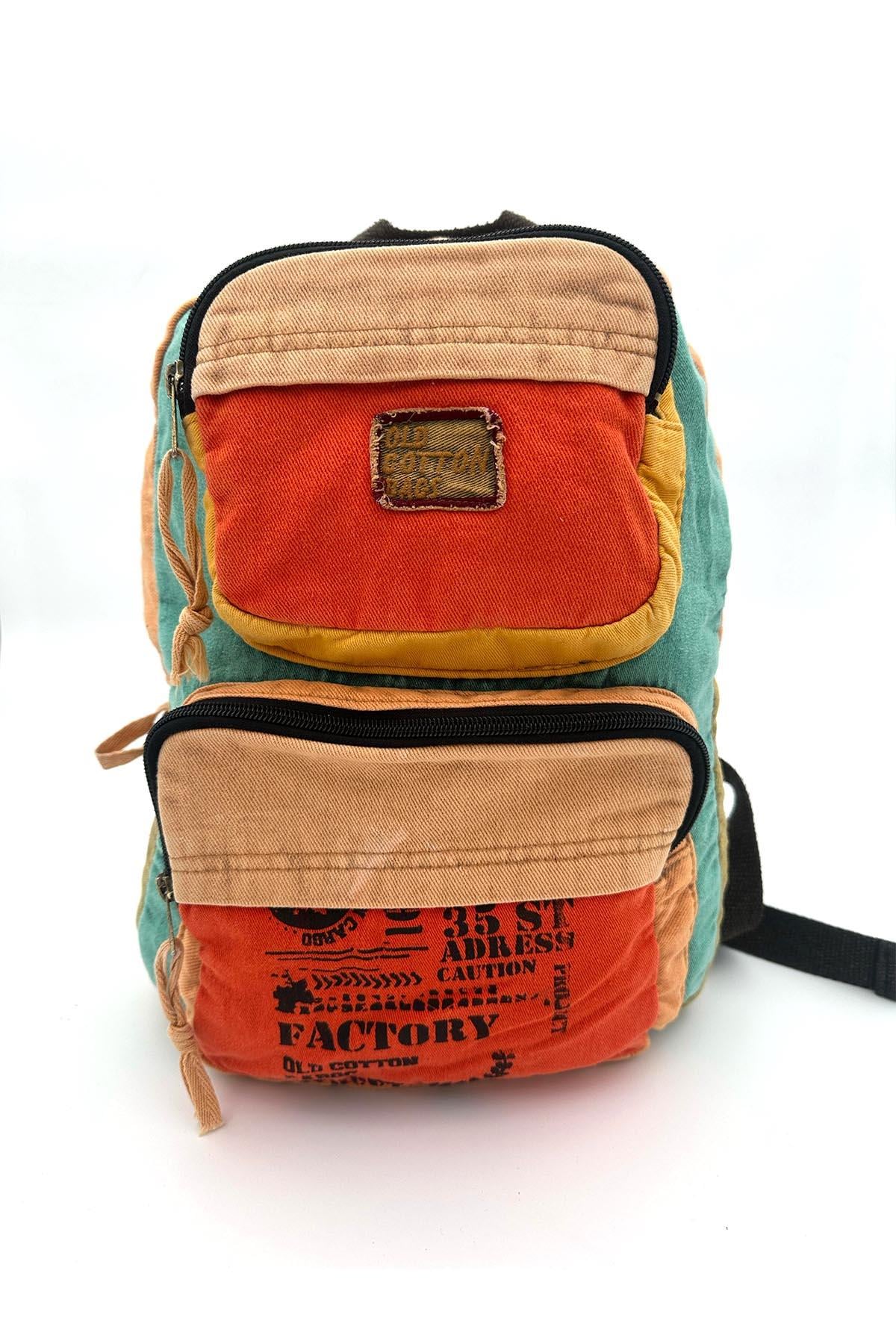 Turuncu Renk Patchwork Çok Cepli Vintage Sırt Çantası