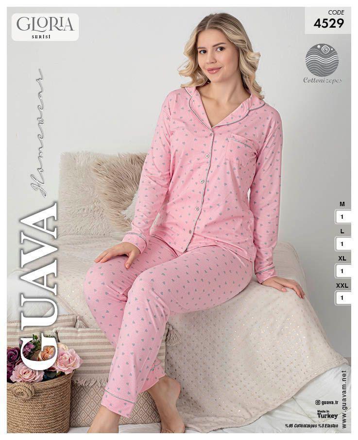 Guava 4529 Kadın Önden Düğmeli Yakalı Uzun Kollu Pijama Takımı