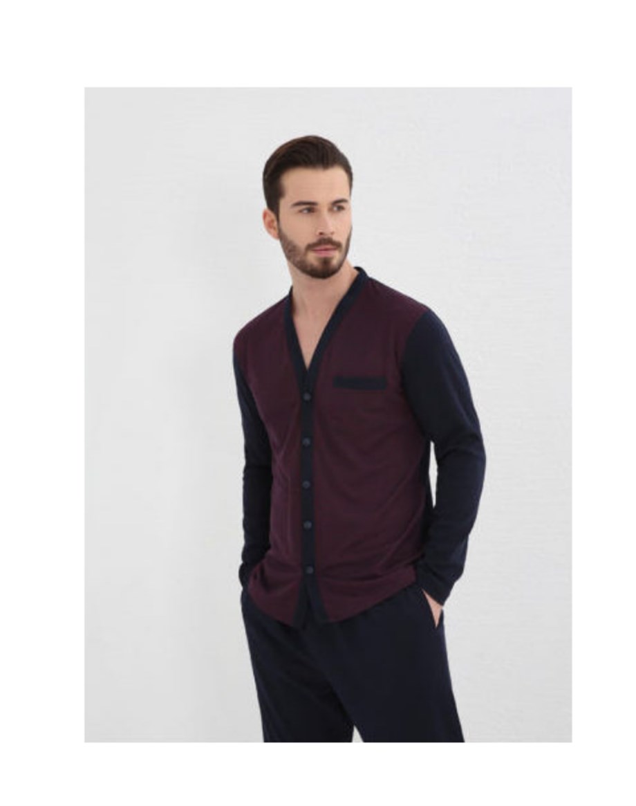 Pijalüx Erkek Bordo Jakarlı Ö.Düğmeli Uzun Kollu Pijama Takımı 2211