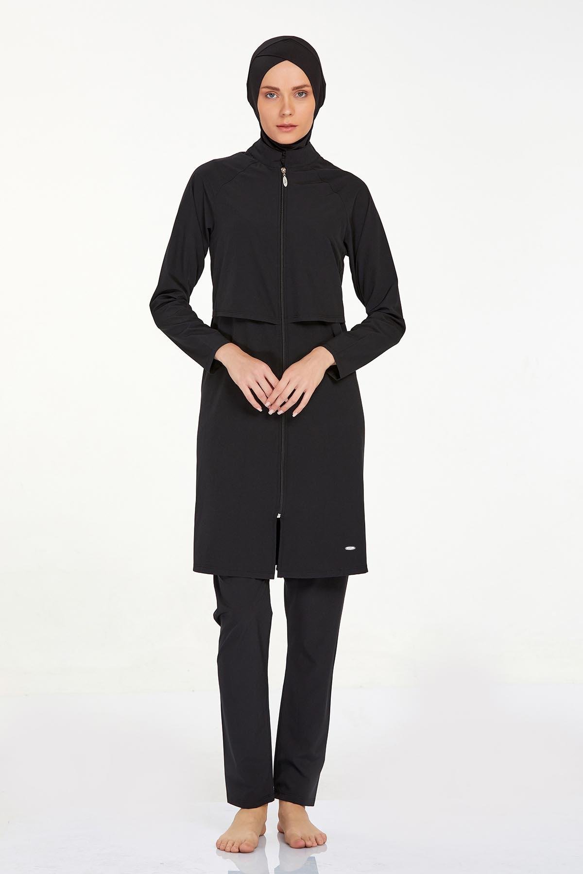 Adasea Siyah Kadın Büyük Beden Likralı Tam Kapalı Tesettür Mayo
