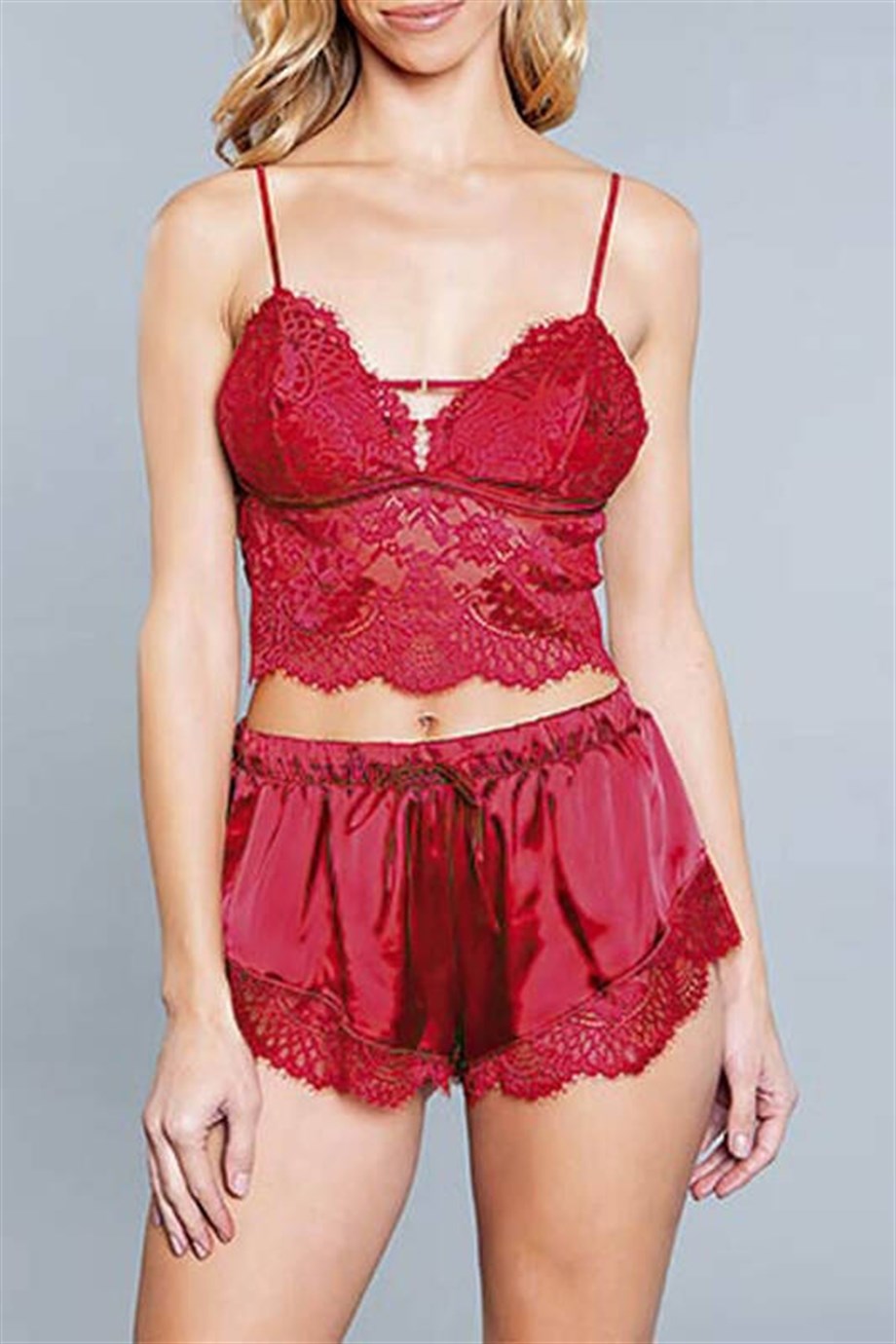 For Dreams (Kırmızı) Saten İnce Askılı Dantelli Büstiyer Şort Takım 8299