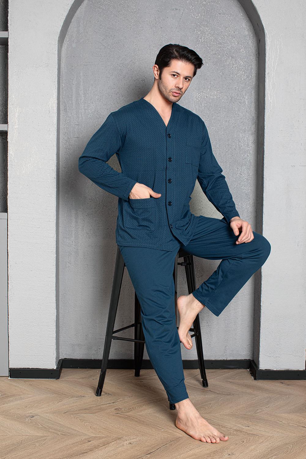 Guava Erkek Mavi Önden Düğmeli Uzun Kollu Pijama Takımı