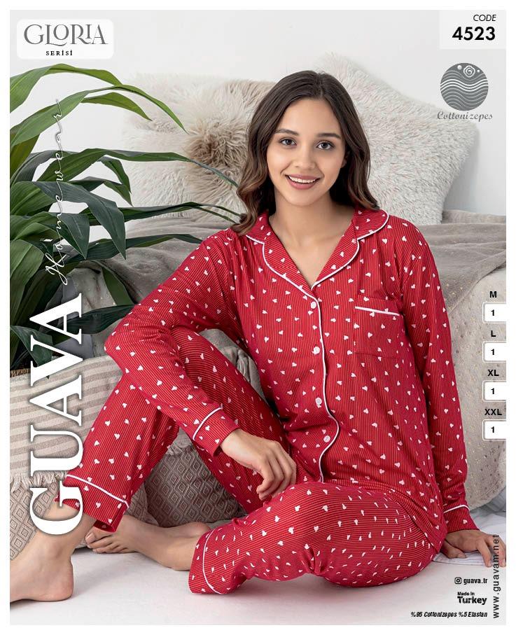 Guava 4523 Kadın Önden Düğmeli Yakalı Uzun Kollu Pijama Takımı