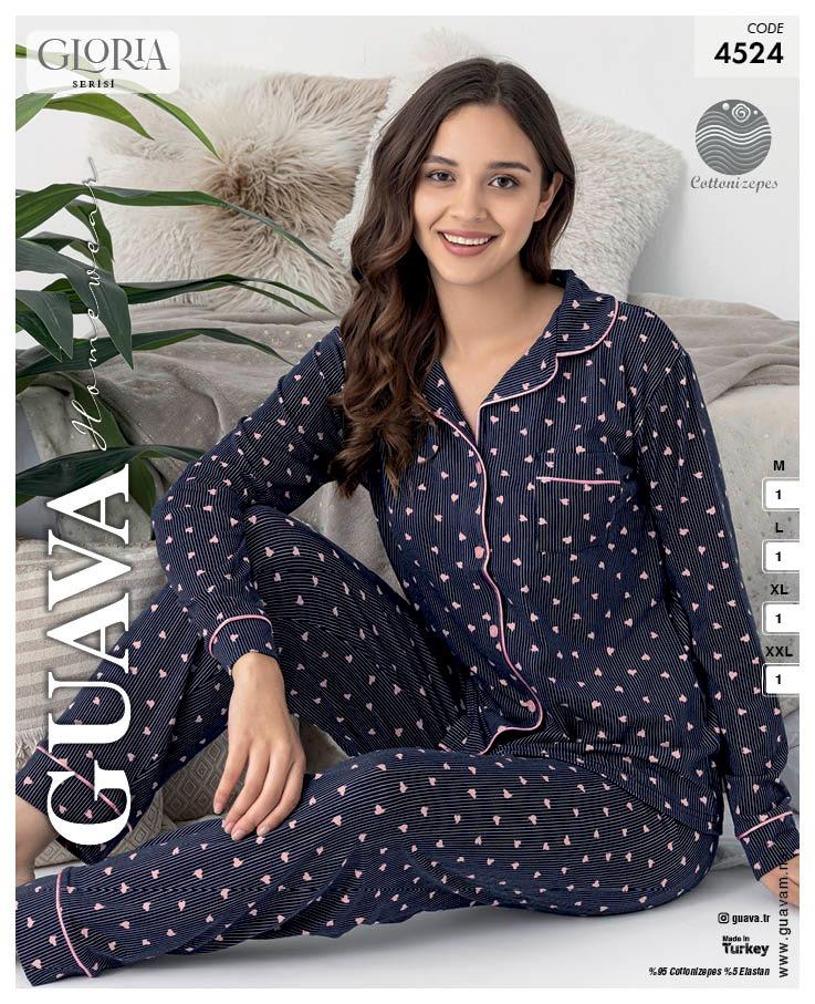 Guava 4524 Kadın Önden Düğmeli Yakalı Uzun Kollu Pijama Takımı