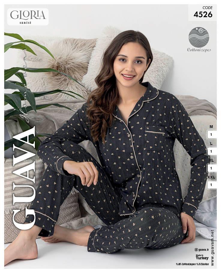 Guava 4526 Kadın Önden Düğmeli Yakalı Uzun Kollu Pijama Takımı