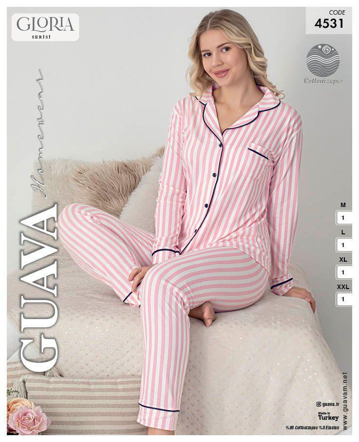 Guava 4531 Kadın Önden Düğmeli Yakalı Uzun Kollu Pijama Takımı