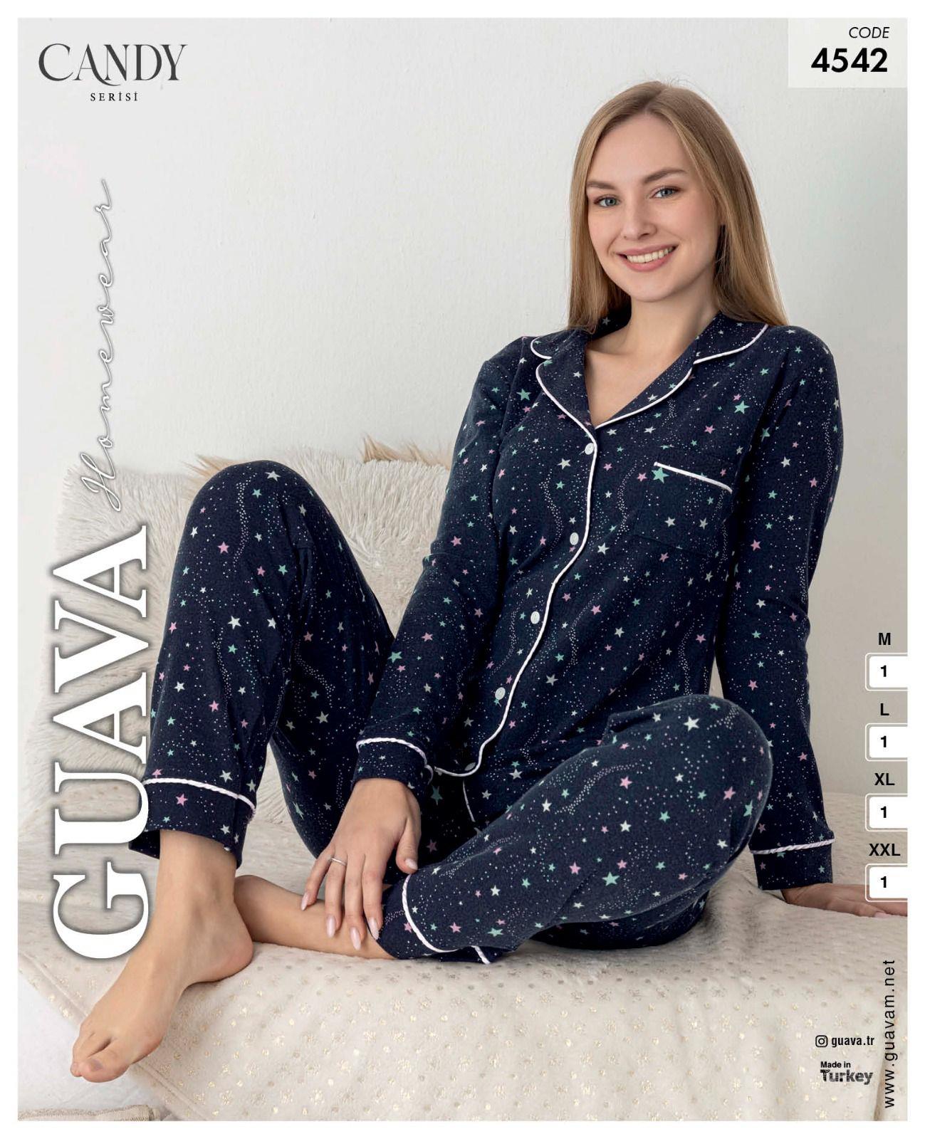Guava 4542 Kadın Önden Düğmeli Yakalı Uzun Kollu Pijama Takımı