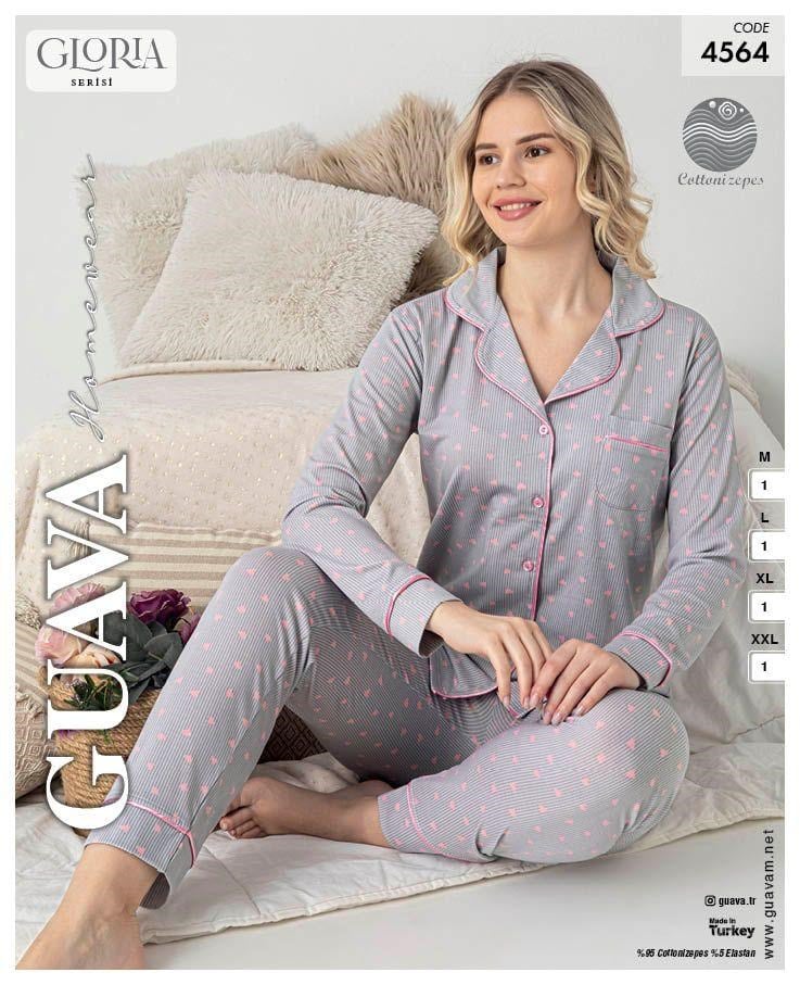 Guava 4564 Kadın Önden Düğmeli Yakalı Uzun Kollu Pijama Takımı