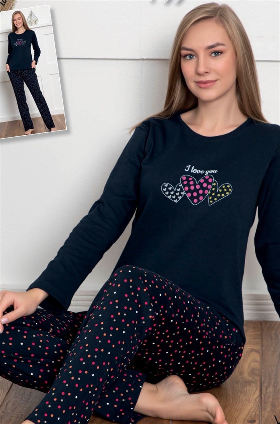 Guava Kadın Lacivert İnterlok Uzun Kollu Pijama Takımı 432 