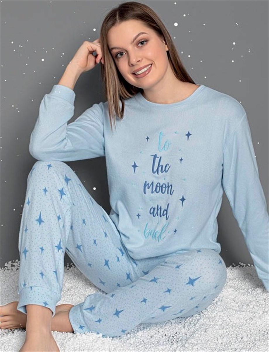 Guava Kadın Mavi Termal Uzun Kollu Pijama Takımı 14115