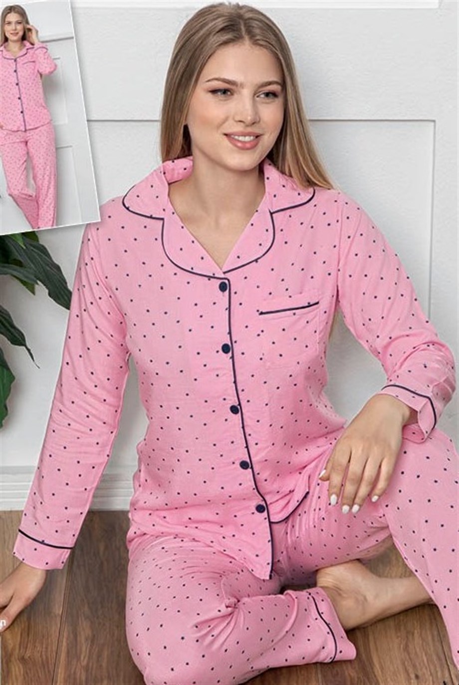 Guava Kadın Pembe Önden Düğmeli Poplin Uzun Kollu Pijama Takımı 14054 