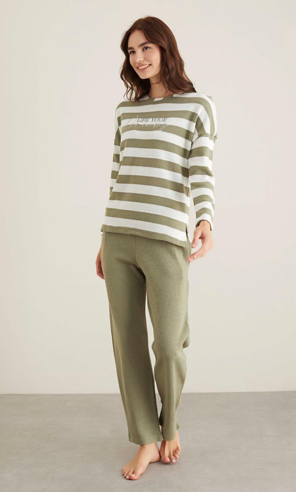 Ibıza 7914 Kadın Çizgili Triko Uzun Kollu Pijama Takımı