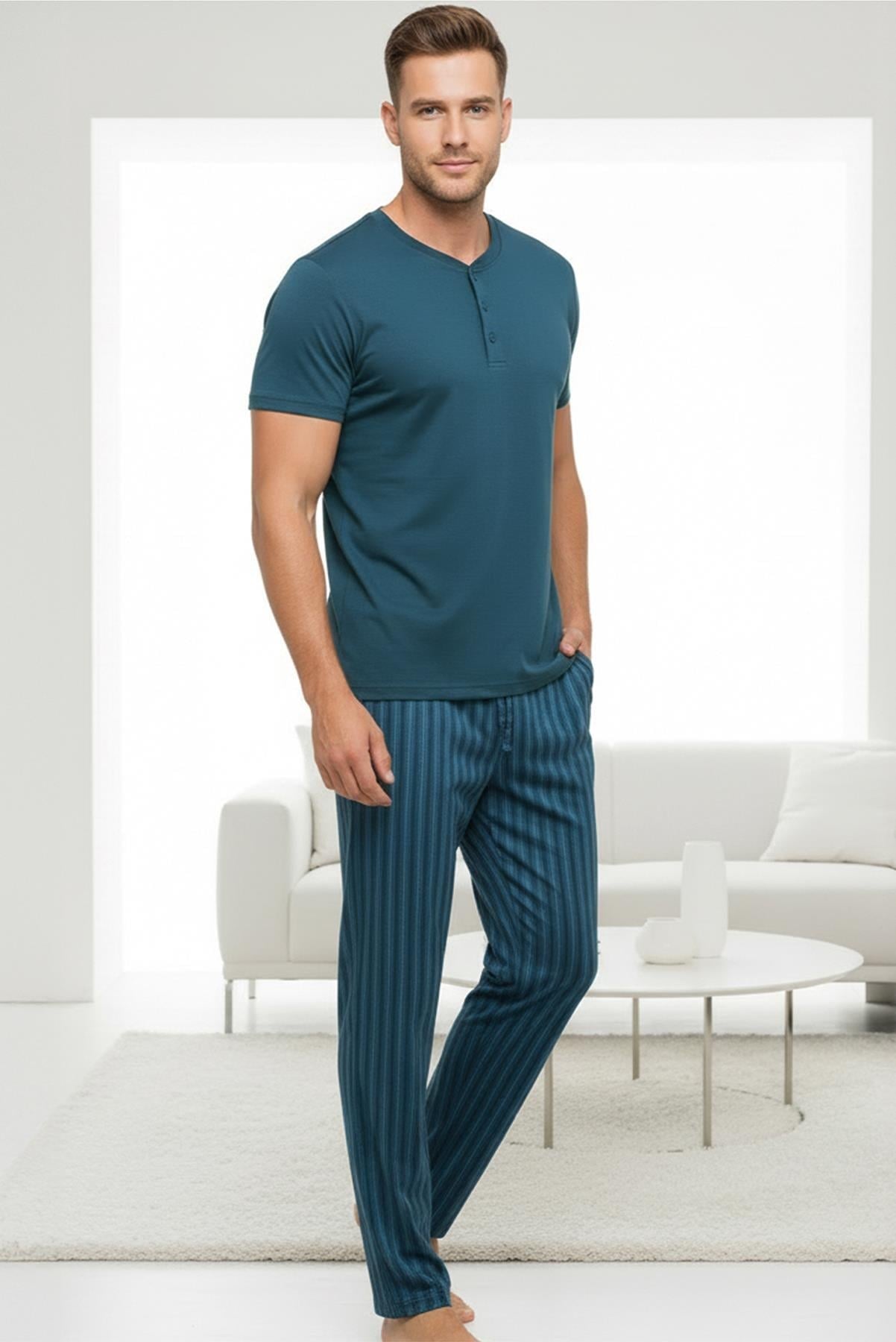 Jiber Erkek Patlı Düğmeli Kısa Kol Pijama Takımı