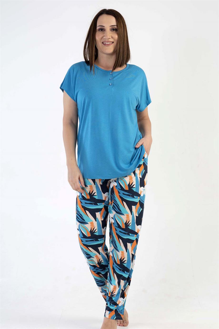 Kezokino Kadın Gece Mavisi Kısa Kollu Büyük Beden Pijama Takımı