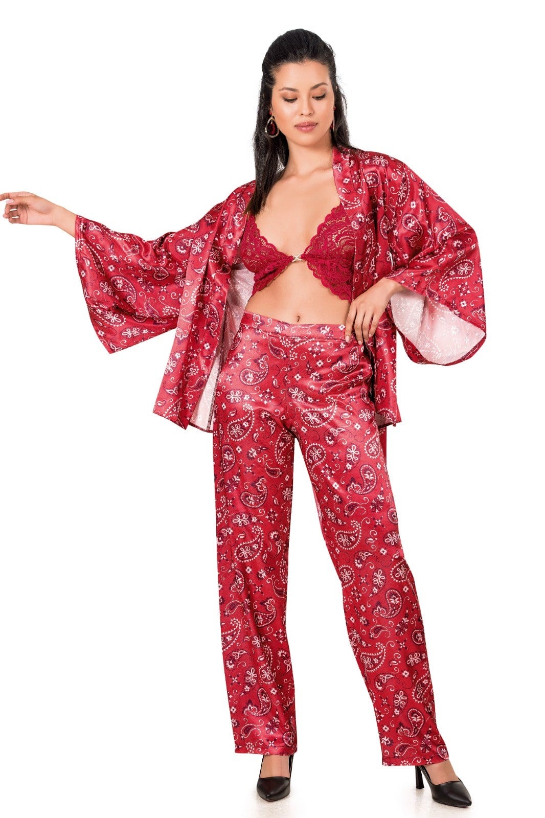Moongirl 227 Kadın Saten Üçlü Pijama Takım
