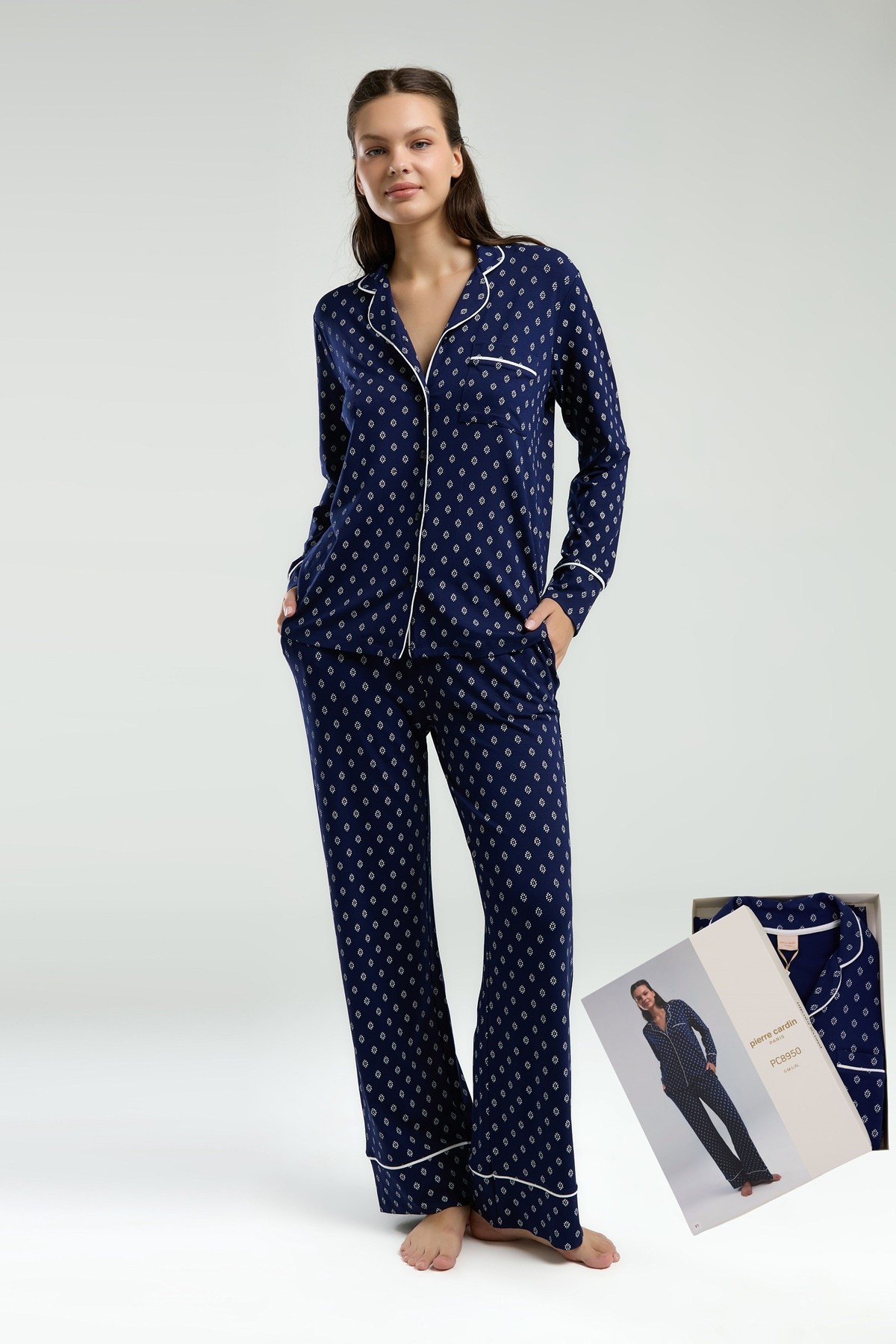 Pierre Cardin PC8950-S Kadın Ön.Düğ. Uzun Kol Pijama Takım