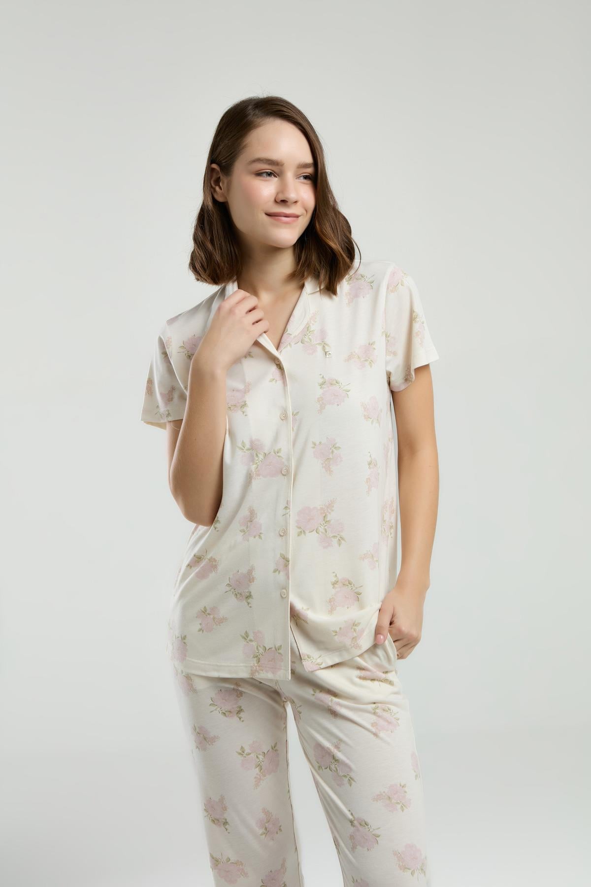 Pierre Cardin PC9007-S Kadın Kısa Kollu Önden Düğmeli Pijama Takım