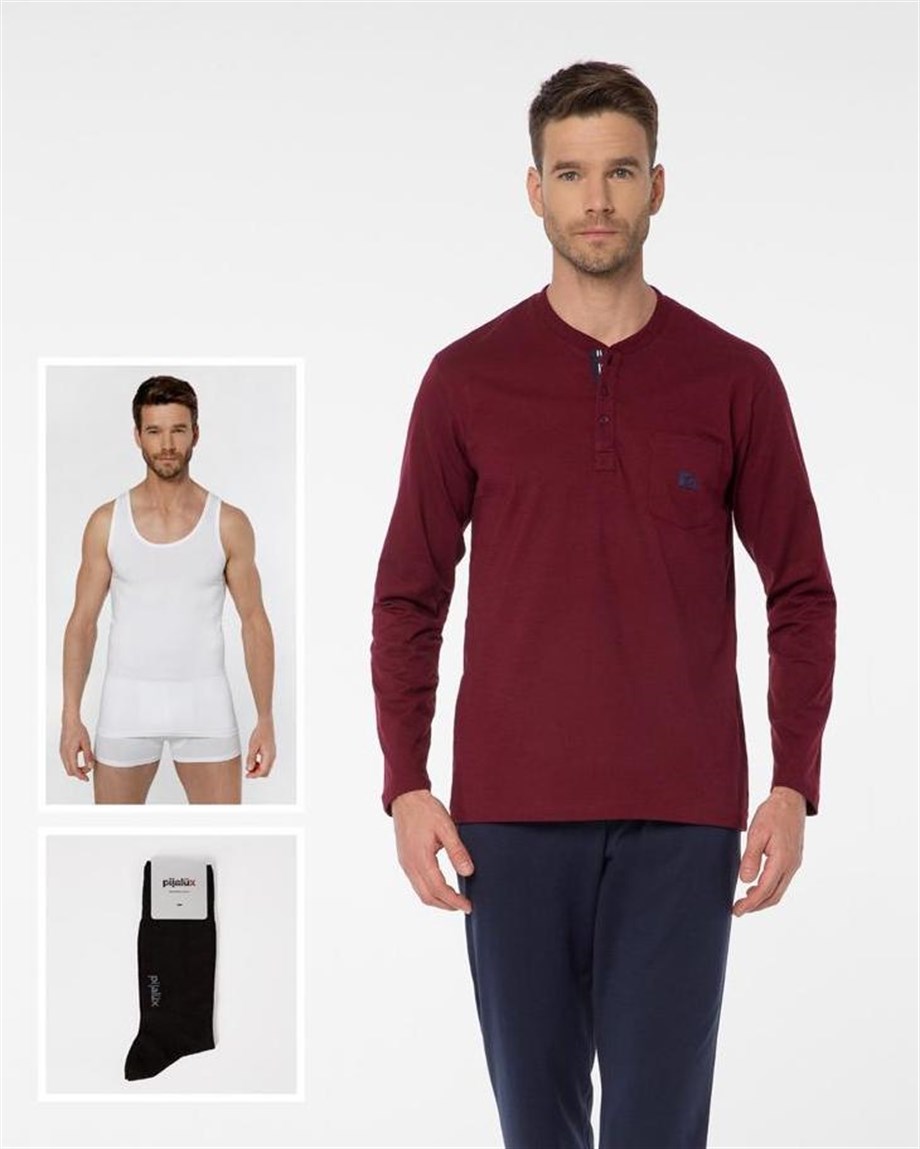 Pijalüx Erkek Bordo Damat Çeyiz Pijama Çamaşır 4'lü Set 3200