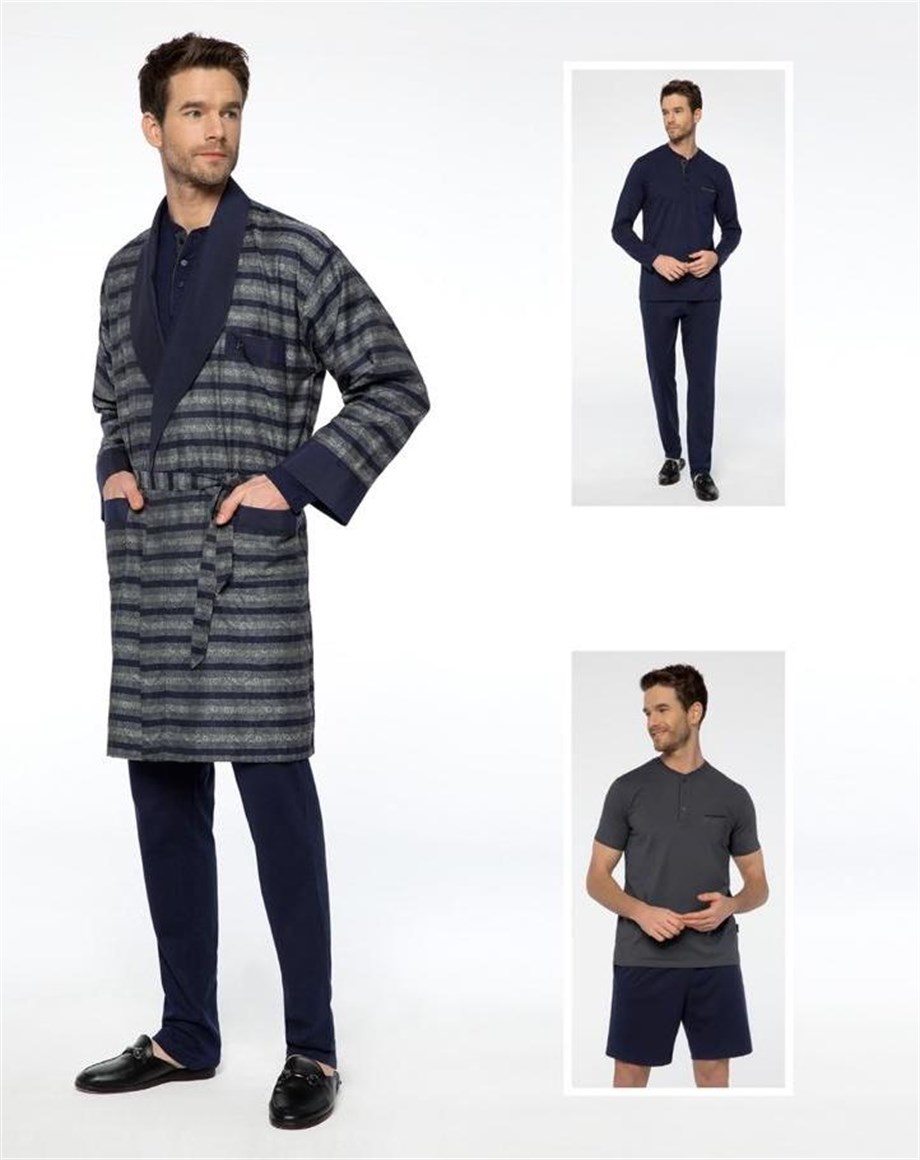 Pijalüx Erkek Gri Coton Jakarlı Renkli İplik Robe De Chambre 5'li Set 3000 