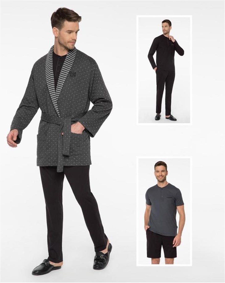 Pijalüx Erkek Gri Kapitone Robe De Chambre 5'li Set 3116