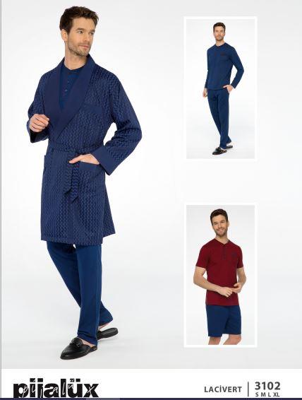 Pijalüx Erkek Lacivert Coton Örme Kapüşonlu Robe De Chambre 5'Li Set