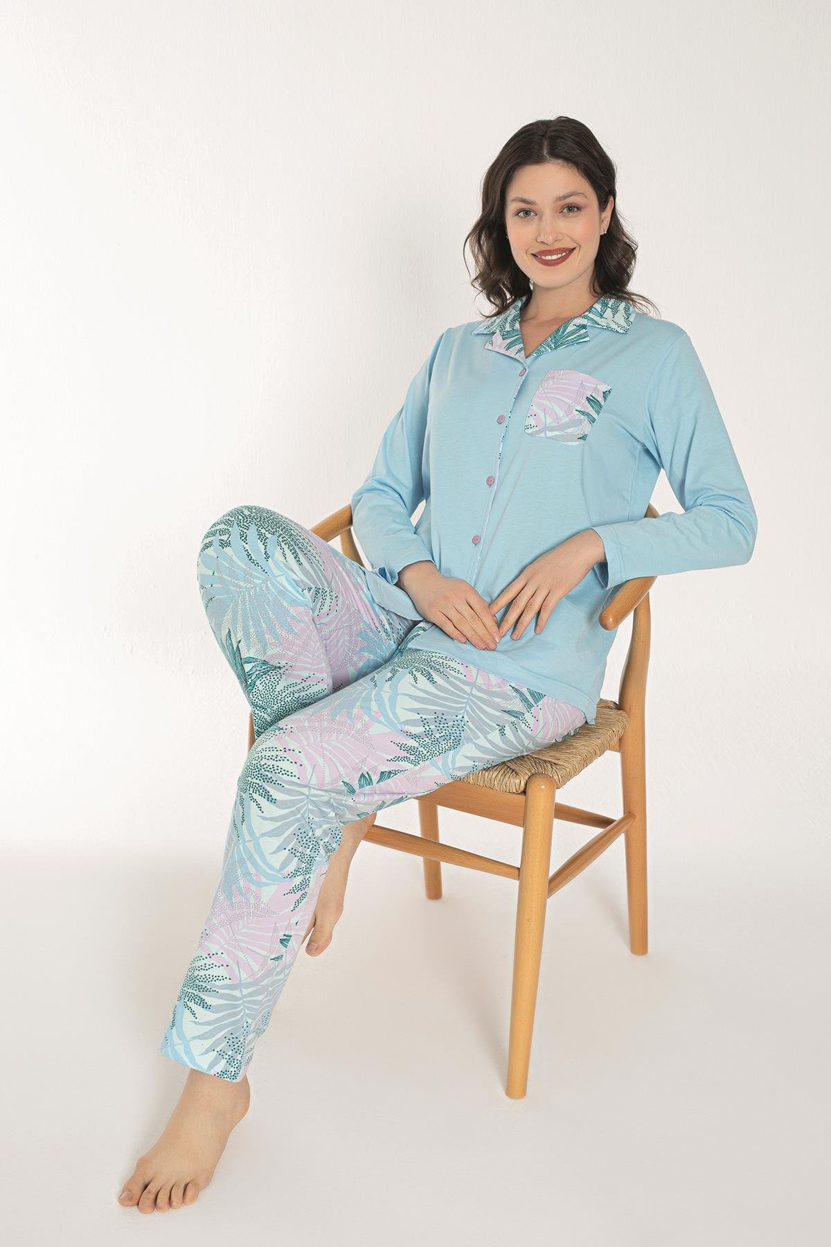 Senfoni 6076 Kadın Önden Açık Uzun Kollu Pijama Takımı