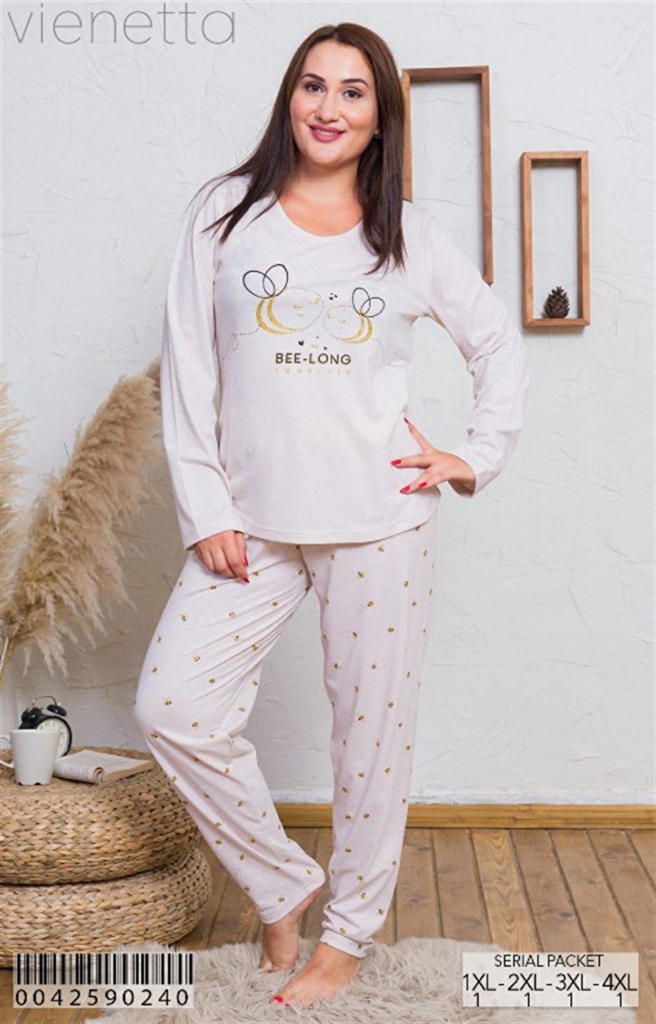 Vienetta 0042590240 Kadın Büyük Beden Uzun Kol Pijama Takım