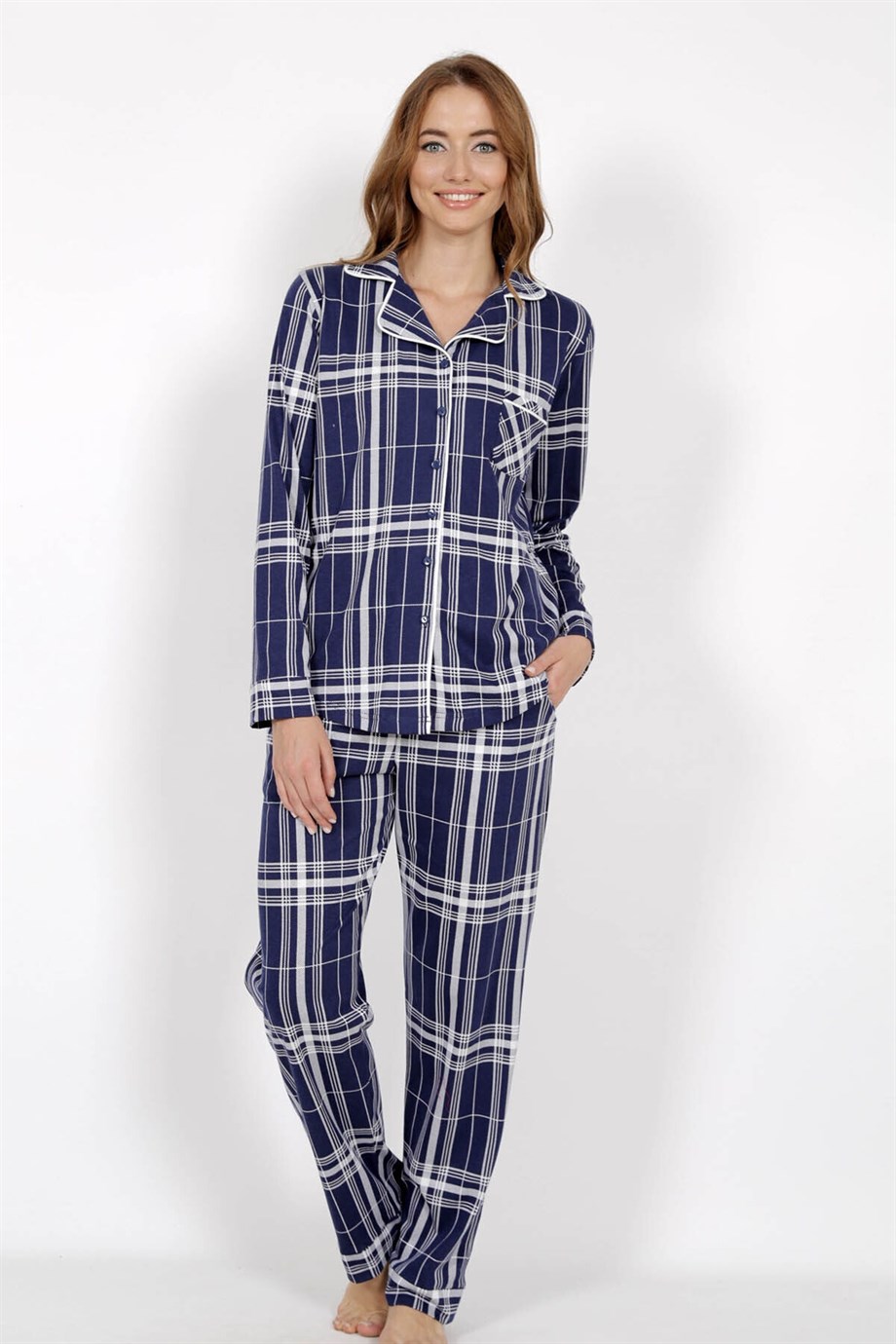 Vienetta 0050570509 Kadın Düğmeli Çizgili Uzun Kollu Pijama Takımı