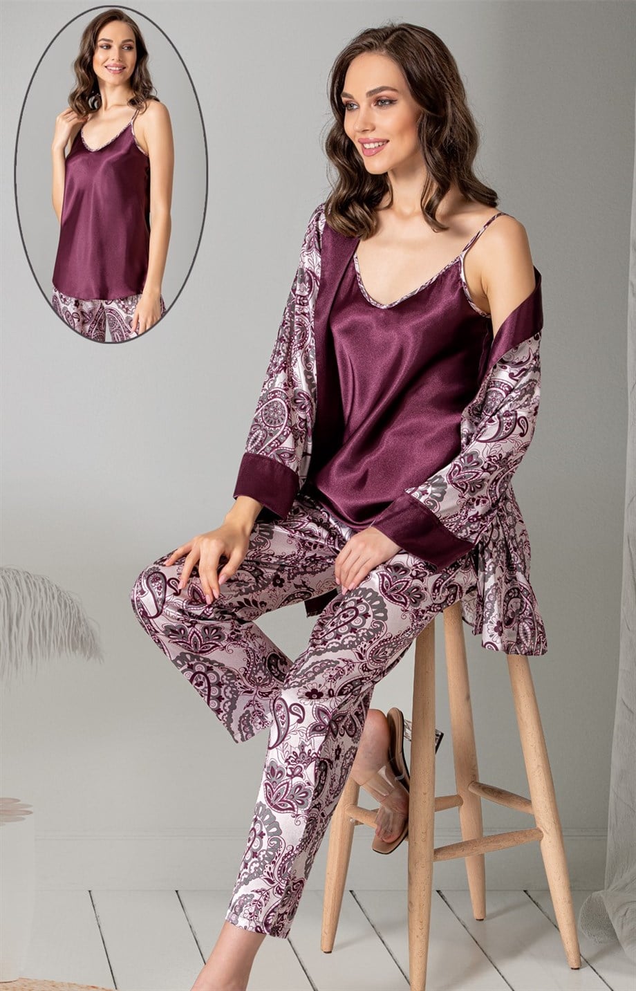 Vienetta 1611125062  Kadın Saten Üçlü Pijama Takımı
