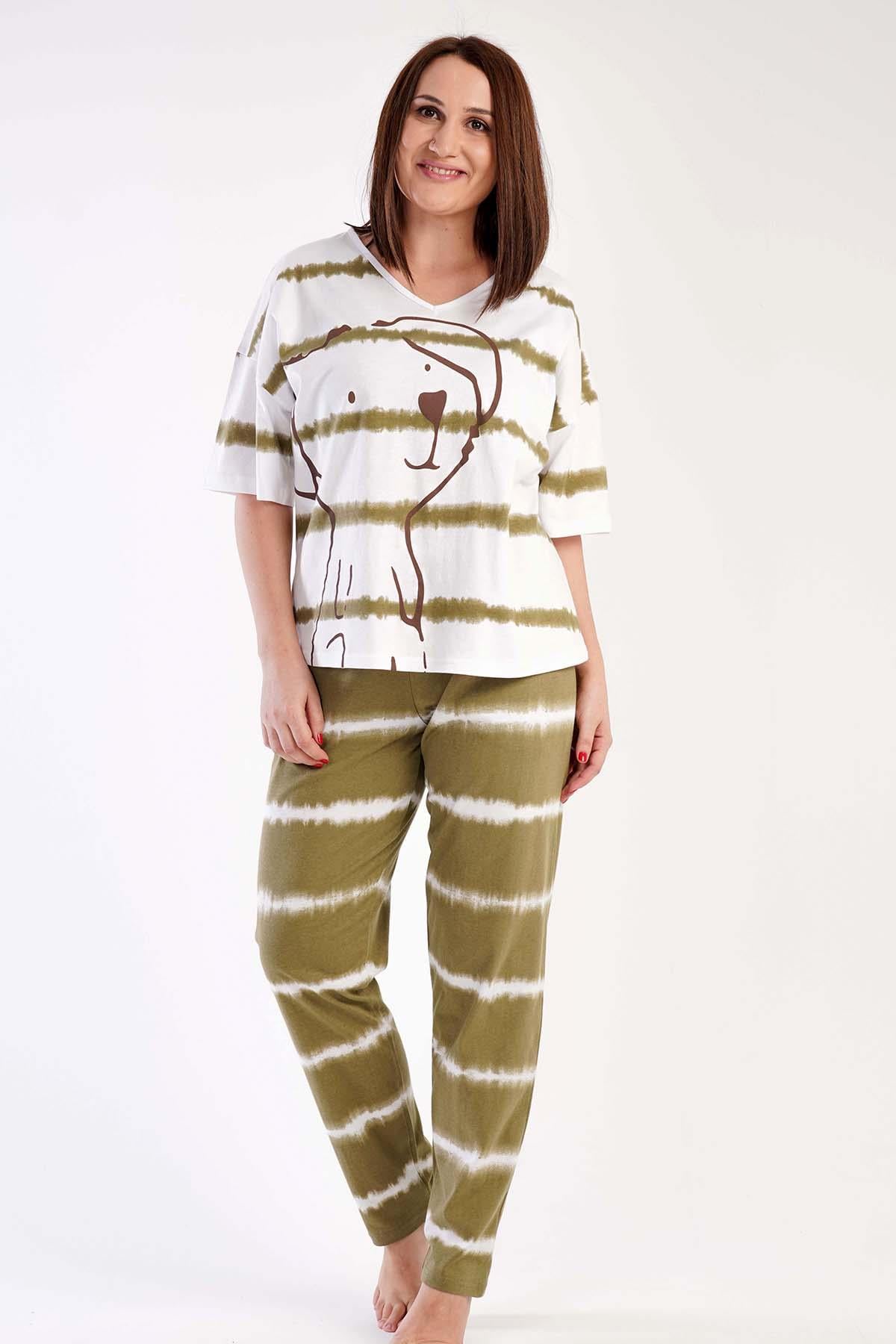 Vienetta 2100651419 Kadın Büyük Beden V Yaka Kısa Kollu Pijama Takımı