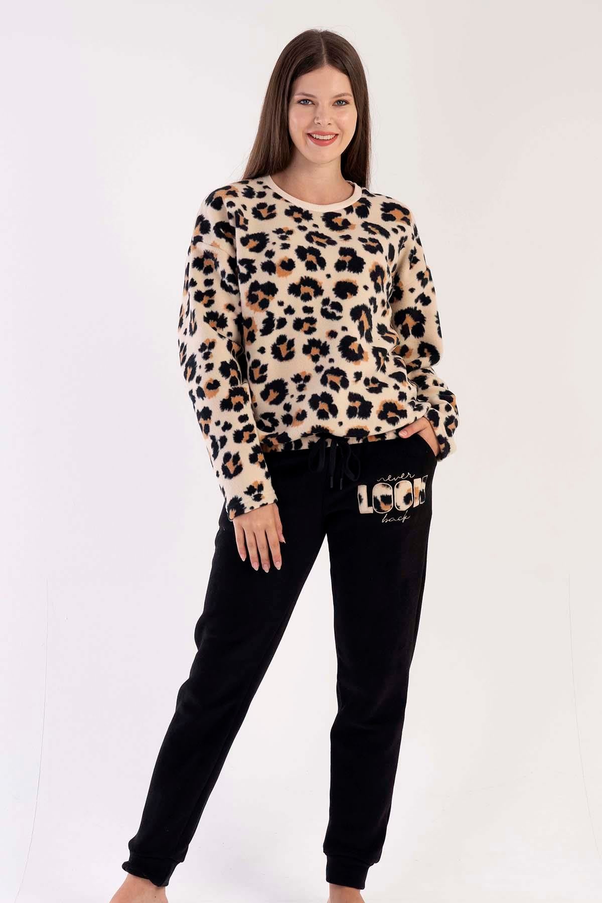 Vienetta Leopar Desenli Kadın Polar Uzun Kollu Pijama Takımı