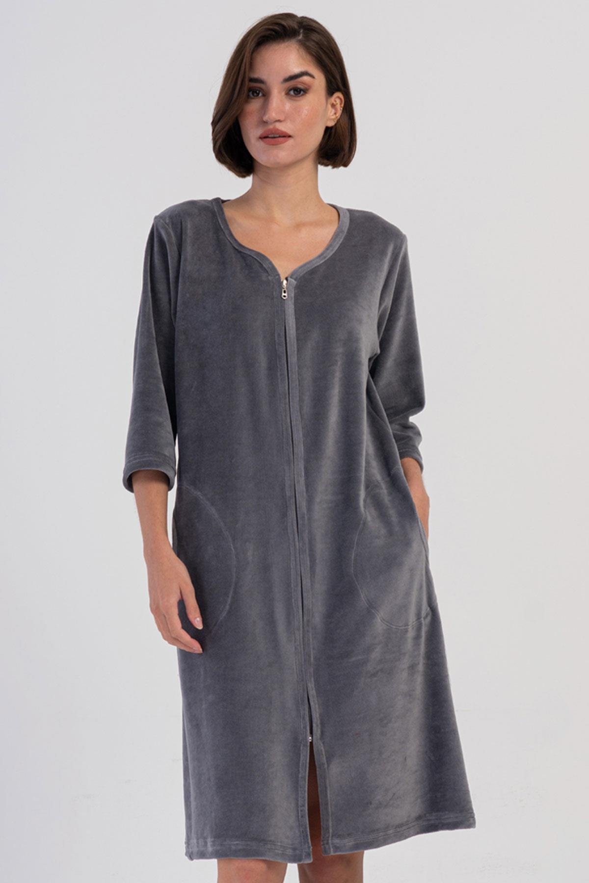 Vienetta 4082620000 Kadın 3/4 Kollu Fermuarlı Cepli Kadife Ev Elbisesi